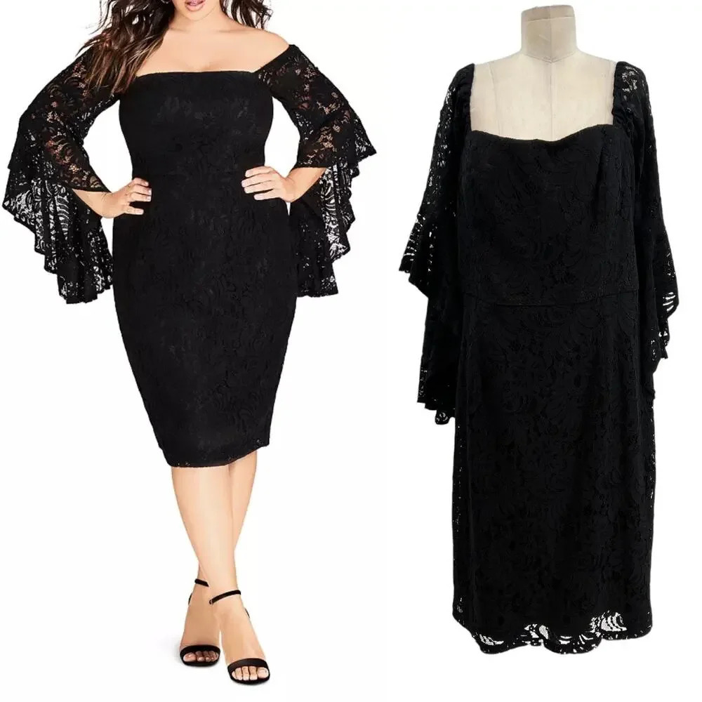 City Chic Mystic Lace Dress Black‎ Bell Sleeve Sheath Plus Size 18